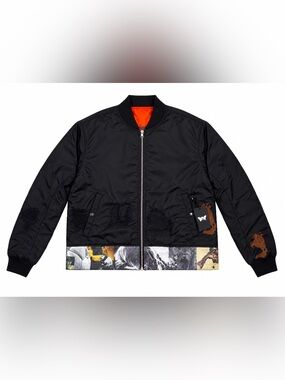 Black Scale Black Bomber Jacket with Orange Lining and Photo-Print Hem